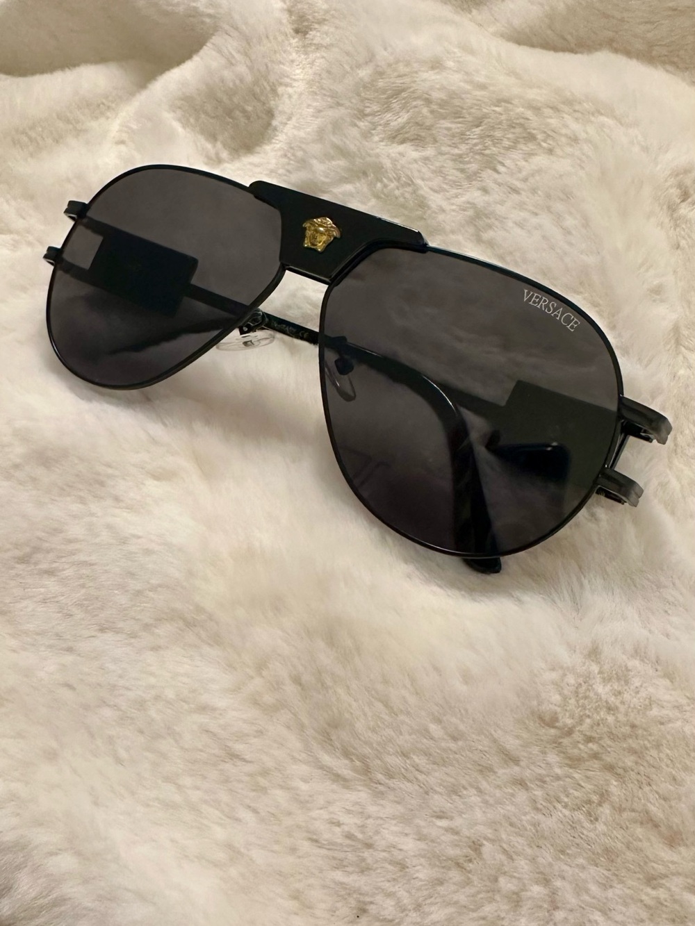 Black Aviator Sunglasses with Gold Medusa Detail